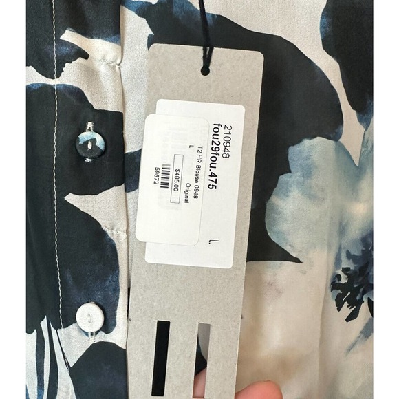 NWT Hannes Roether Long Sleeve 100% Silk Blue White Floral Blouse $485 (LARGE) - Picture 3 of 5